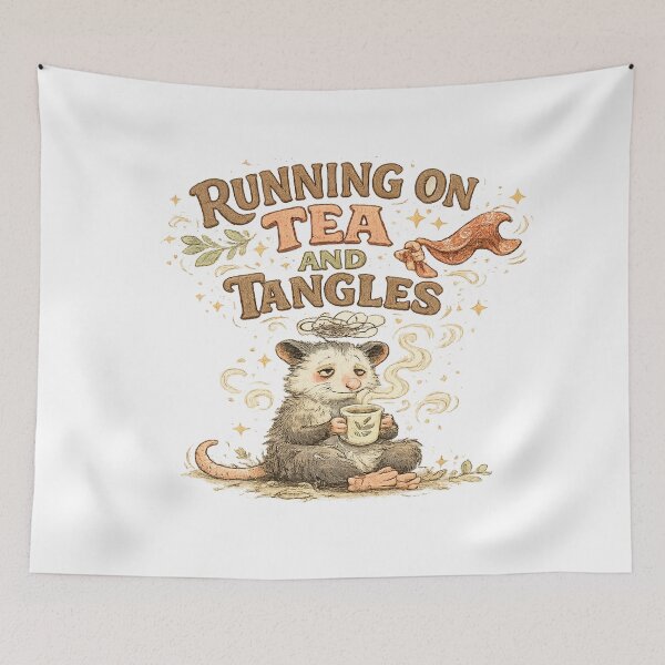 Item preview, Running on Tea and Tangles Cute Opossum Funny Cozy Cottagecore Art designed and sold by inkoutninja.