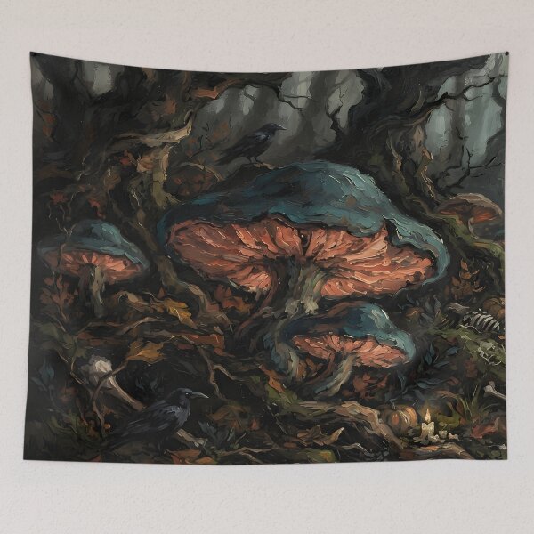 Item preview, Dark Enchanted Mushroom Forest with Ravens | Gothic Woodland Fantasy Art designed and sold by cr6zym1nd.