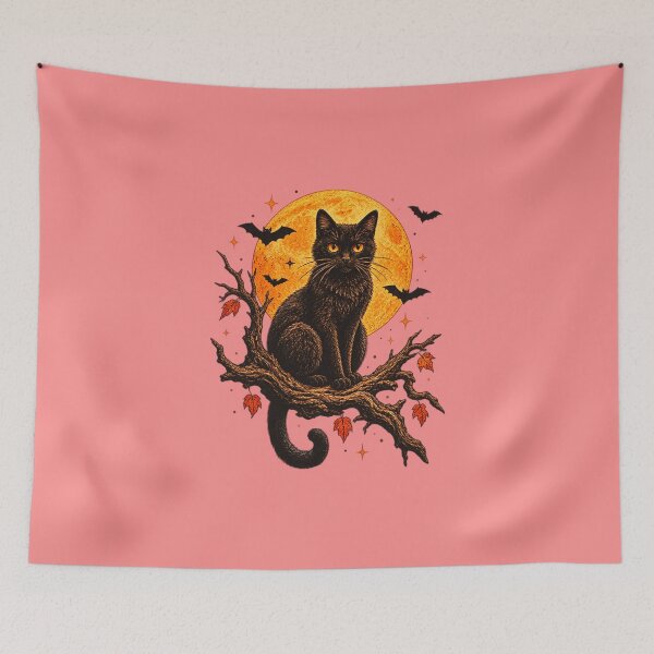 Artikelvorschau, Mystical Black Cat on Tree Branch Full Moon Retro Halloween Art entworfen und verkauft von Thegoldenline.