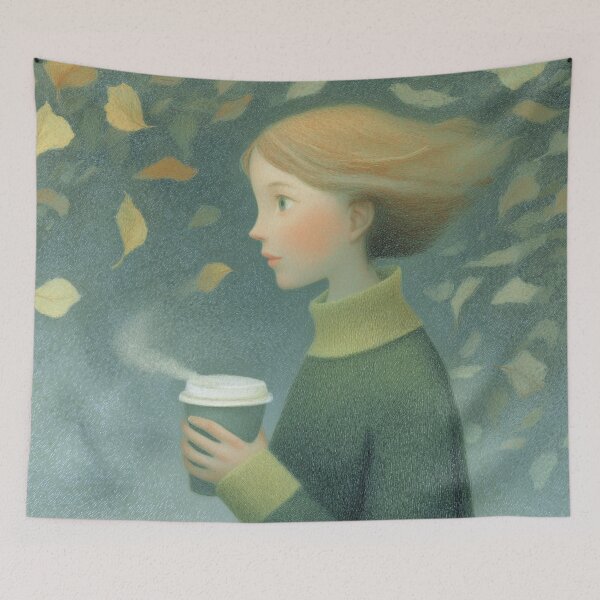 Item preview, Vintage Autumn Melancholy Girl with Coffee and Falling Leaves designed and sold by SweetLilith.