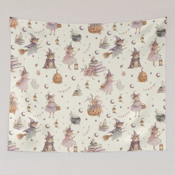 Item preview, Whimsical Halloween Mice & Witches – Pastel Storybook Pattern designed and sold by PaperyAndInk.