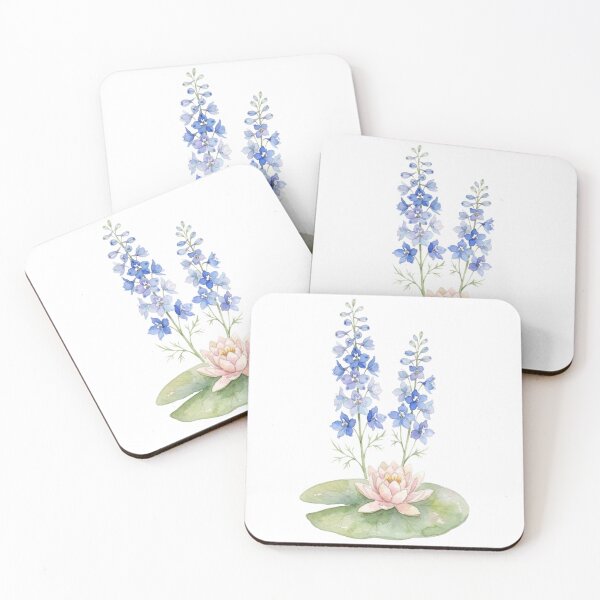Item preview, Vintage Blue Delphinium And Pink Water Lily Watercolor Art designed and sold by bvdesignart.