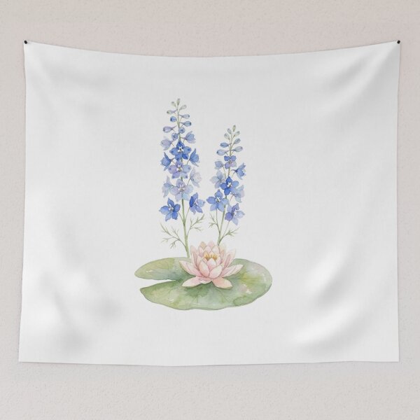 Item preview, Vintage Blue Delphinium And Pink Water Lily Watercolor Art designed and sold by bvdesignart.