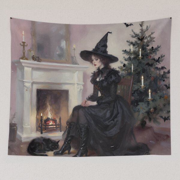 Item preview, Victorian Gothic Christmas Witch with Black Cat | Witchy Holiday Fantasy Art designed and sold by cr6zym1nd.