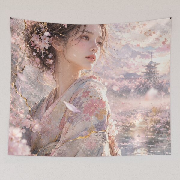 Item preview, Spring Serenade - Elegant Kimono Girl by the River with Cherry Blossoms designed and sold by KINTSUGI-LUMI.