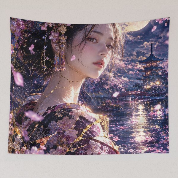 Item preview, Midnight Sakura Reverie - Elegant Kimono Girl under the Full Moon designed and sold by KINTSUGI-LUMI.