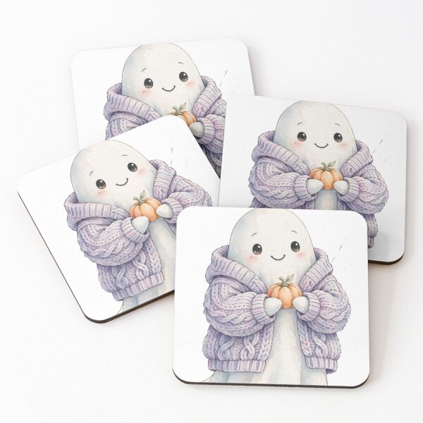Item preview, Cozy Ghost Wearing Sweater Holding Pumpkin designed and sold by Artistprinter.