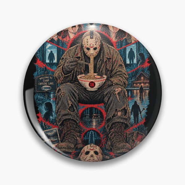 Item preview, Hockey Mask Lake Slasher Eating Ramen - Vintage Camp Horror Collage designed and sold by BRTHRCNK01.
