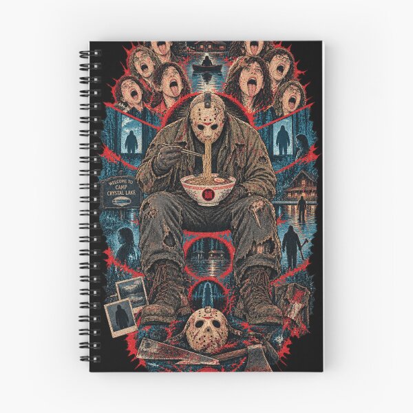 Item preview, Hockey Mask Lake Slasher Eating Ramen - Vintage Camp Horror Collage designed and sold by BRTHRCNK01.