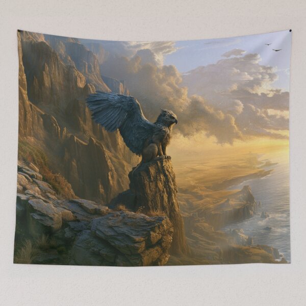Item preview, A fierce Griffin perched atop towering cliffs overlooking a vast kingdom, Fantasy & Mythological Creatures designed and sold by CDC40.