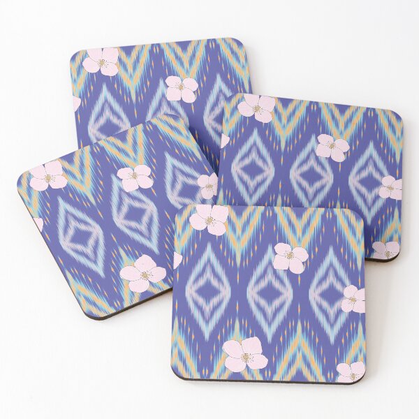 Item preview, Ikat Inspired Geometric Floral Textile Pattern with Pink Blossoms on Blue Background designed and sold by Jeffrey-Jeffrey.
