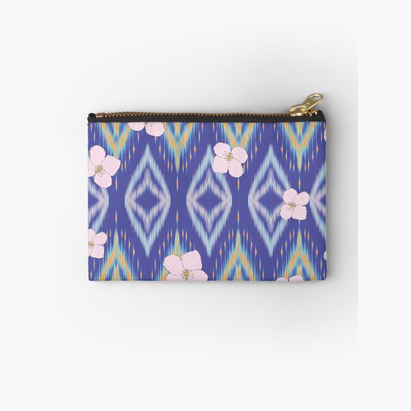Item preview, Ikat Inspired Geometric Floral Textile Pattern with Pink Blossoms on Blue Background designed and sold by Jeffrey-Jeffrey.