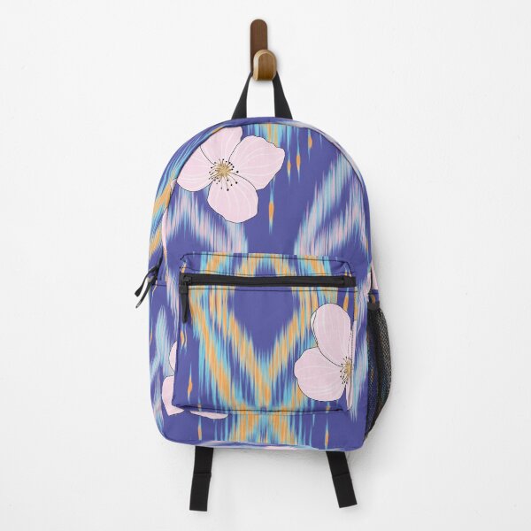 Item preview, Ikat Inspired Geometric Floral Textile Pattern with Pink Blossoms on Blue Background designed and sold by Jeffrey-Jeffrey.