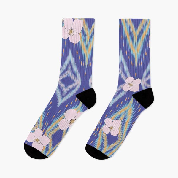 Item preview, Ikat Inspired Geometric Floral Textile Pattern with Pink Blossoms on Blue Background designed and sold by Jeffrey-Jeffrey.
