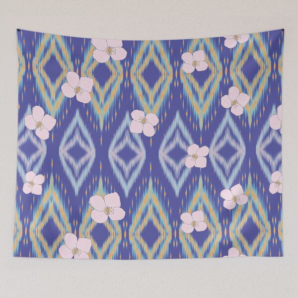 Item preview, Ikat Inspired Geometric Floral Textile Pattern with Pink Blossoms on Blue Background designed and sold by Jeffrey-Jeffrey.