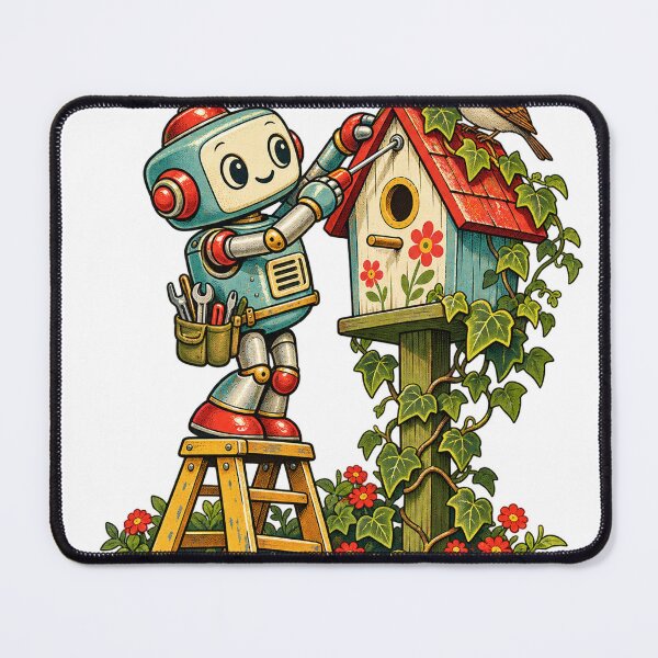 Item preview, Retro robot builds birdhouse garden handyman Kawaii designed and sold by LongIslandDesgn.