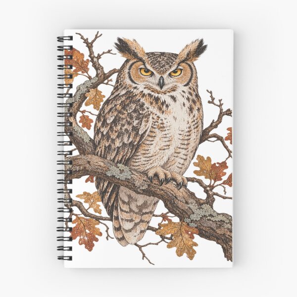 Item preview, Majestic eagle owl on an oak branch, autumn forest, bird designed and sold by LongIslandDesgn.