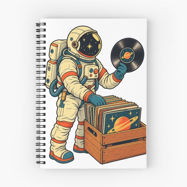 Item preview, Astronaut rummages through vinyl records, crate digger, retro designed and sold by LongIslandDesgn.
