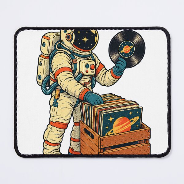 Item preview, Astronaut rummages through vinyl records, crate digger, retro designed and sold by LongIslandDesgn.