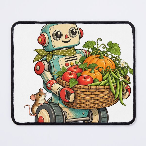 Item preview, Garden robot with harvest basket, pumpkins, apples and mouse designed and sold by LongIslandDesgn.