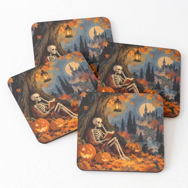 Item preview, Cozy Skeleton Reading Book by Moonlit Castle Halloween Art designed and sold by GrinGalore.