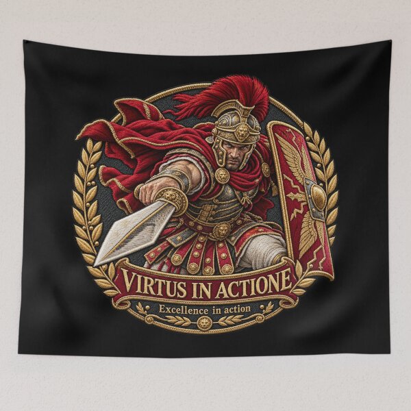 Item preview, Roman Warrior Embroidery – Virtus in Actione Latin Motto designed and sold by Emoji Emblems.
