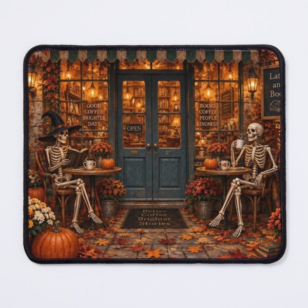 Item preview, Cozy Skeleton Coffee Shop Autumn Book Lovers Halloween Art designed and sold by GrinGalore.
