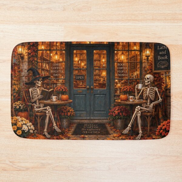 Item preview, Cozy Skeleton Coffee Shop Autumn Book Lovers Halloween Art designed and sold by GrinGalore.