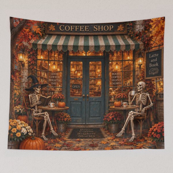 Item preview, Cozy Skeleton Coffee Shop Autumn Book Lovers Halloween Art designed and sold by GrinGalore.