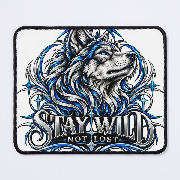 Artikelvorschau, „Stay Wild Not Lost“ Wolf-T-Shirt mit Grafik – Blau-silbernes Nadelstreifen-Tier-T-Shirt entworfen und verkauft von RG3D Project .