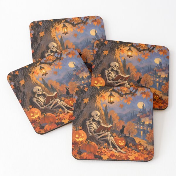 Item preview, Cozy Skeleton Reading with Black Cat and Moonlit Castle designed and sold by GrinGalore.