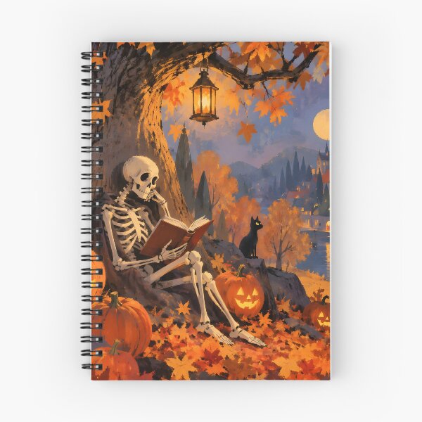 Item preview, Cozy Skeleton Reading with Black Cat and Moonlit Castle designed and sold by GrinGalore.