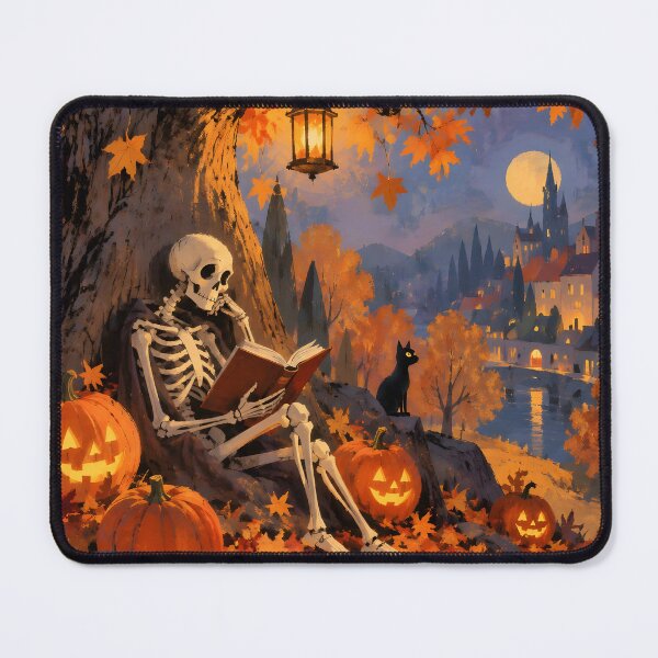 Item preview, Cozy Skeleton Reading with Black Cat and Moonlit Castle designed and sold by GrinGalore.
