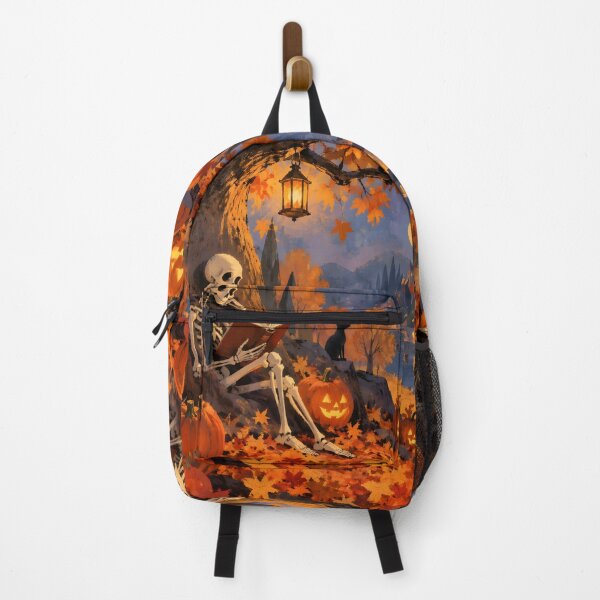 Item preview, Cozy Skeleton Reading with Black Cat and Moonlit Castle designed and sold by GrinGalore.