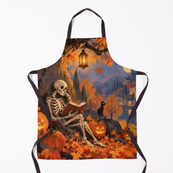 Item preview, Cozy Skeleton Reading with Black Cat and Moonlit Castle designed and sold by GrinGalore.