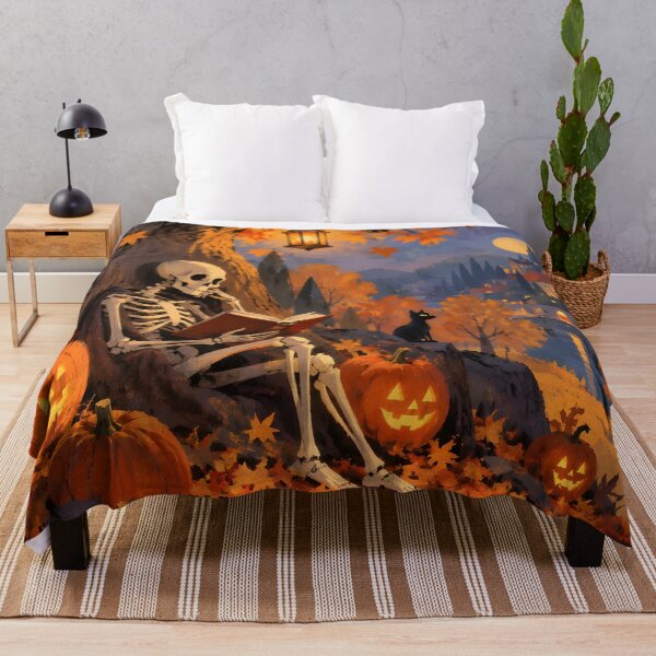 Item preview, Cozy Skeleton Reading with Black Cat and Moonlit Castle designed and sold by GrinGalore.