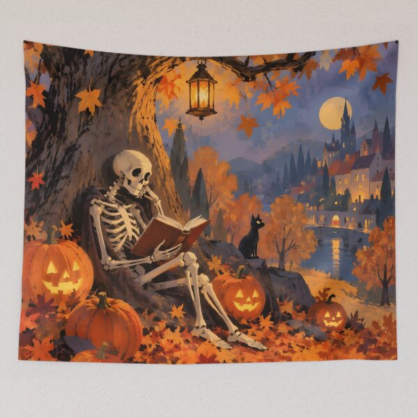Item preview, Cozy Skeleton Reading with Black Cat and Moonlit Castle designed and sold by GrinGalore.