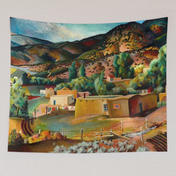 Item preview, Southwest Canyon (Canon) Landscape, Taos, rustic Adobe houses and New Mexico farmland painting by Richard Manning Crisler designed and sold by Jéanpaul  Ferro.