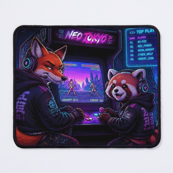 Item preview, Cyberpunk Fox and Red Panda Arcade Gaming Desk Mat designed and sold by LazyDayzCo.
