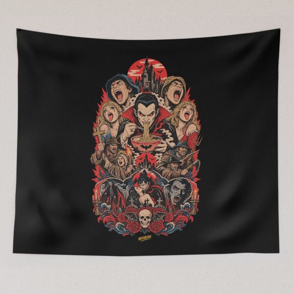 Item preview, Dracula Vampire Eating Ramen - Vintage Gothic Castle Horror Collage designed and sold by BRTHRCNK01.