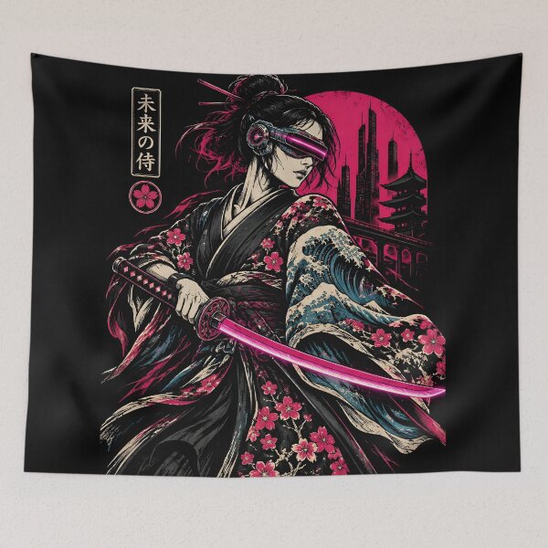 Item preview, Japanese Ninja Geisha Katana Samurai Neon Ukiyo-e Cyberpunk Neon Tokio Art designed and sold by GrinGalore.