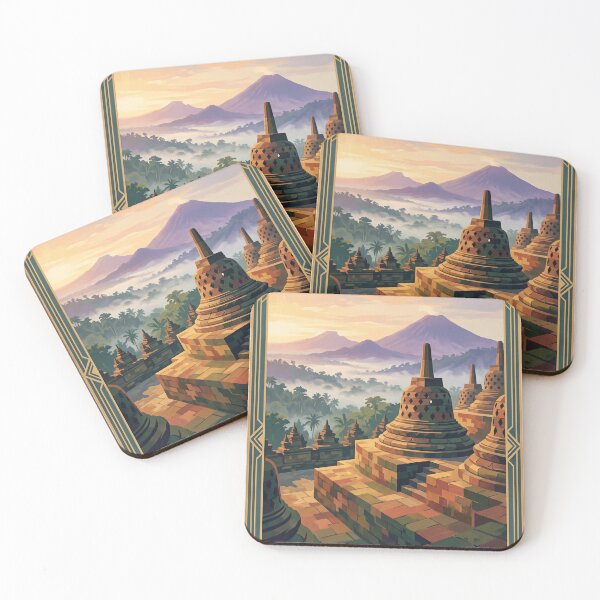 Item preview, Borobudur Indonesia Vintage Travel Poster – Buddhist Temple Java Mount Merapi designed and sold by Bomax121.