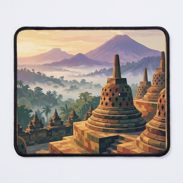 Item preview, Borobudur Indonesia Vintage Travel Poster – Buddhist Temple Java Mount Merapi designed and sold by Bomax121.