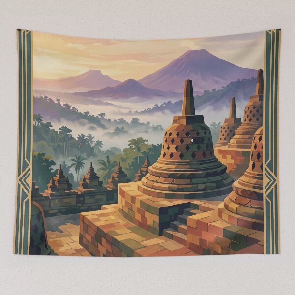 Aperçu de l'œuvre Affiche de voyage vintage de Borobudur Indonésie – Temple bouddhiste Java Mont Merapi créée et vendue par Bomax121.