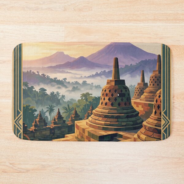 Aperçu de l'œuvre Affiche de voyage vintage de Borobudur Indonésie – Temple bouddhiste Java Mont Merapi créée et vendue par Bomax121.