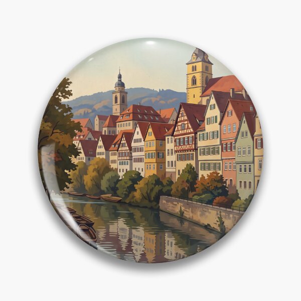 Item preview, Tubingen Germany Vintage Travel Poster – Neckar River Punting Boats Holderlin Tower Old Town designed and sold by Bomax121.