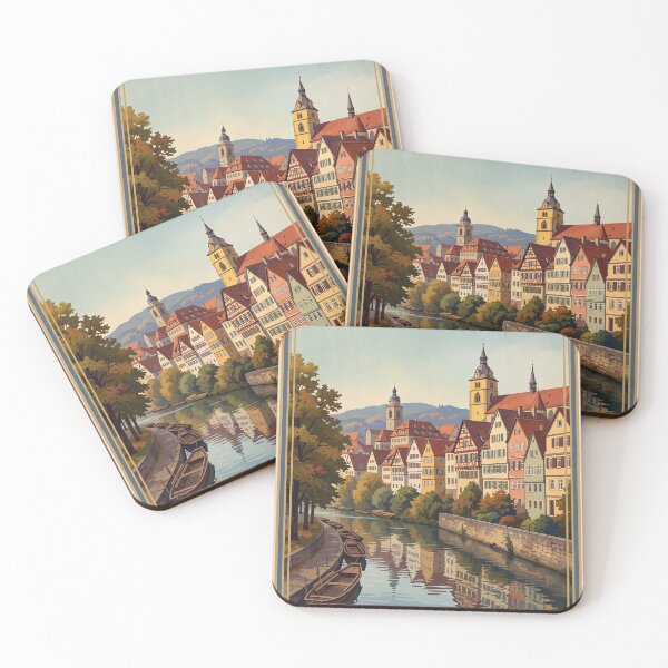 Item preview, Tubingen Germany Vintage Travel Poster – Neckar River Punting Boats Holderlin Tower Old Town designed and sold by Bomax121.