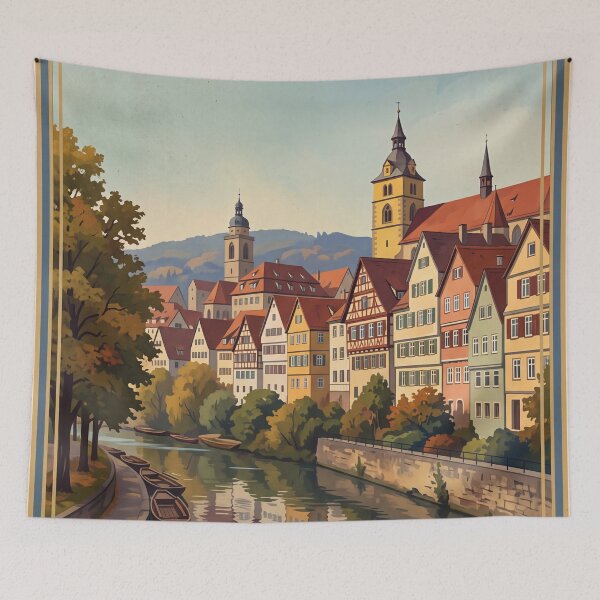 Item preview, Tubingen Germany Vintage Travel Poster – Neckar River Punting Boats Holderlin Tower Old Town designed and sold by Bomax121.