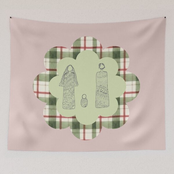 Item preview, Hand Drawn Holy Family Illustration with Green Center & Plaid Border Art designed and sold by Liberarteprint.