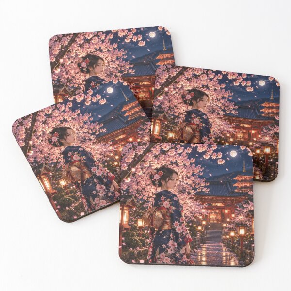 Item preview, Kimono Woman Under the Cherry Blossoms in Kyoto at Night designed and sold by vekotpu.